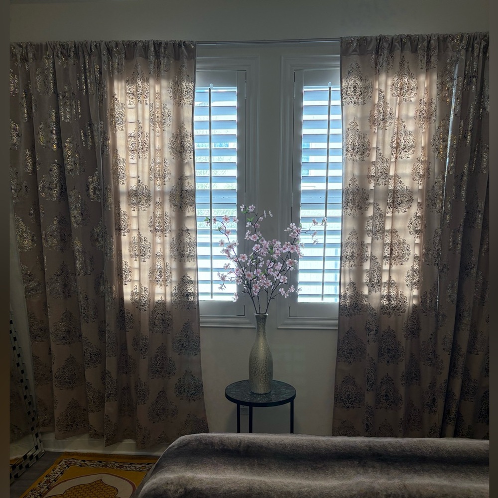 Set of 4 velvet long drapes in beige color w/foiled gold medallion print 94”X38”